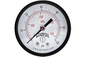 WINTERS INSTRUMENTS Winters 2 inch Dial Size, Multi Function Application Economy Utility Dry Pressure Gauge, Brass Internals, Steel Case, Dual Scale 0-60 psi/kPa, 3-2-3% Accuracy, 1/4 inch NPT Back Mount, Pressure Gauge