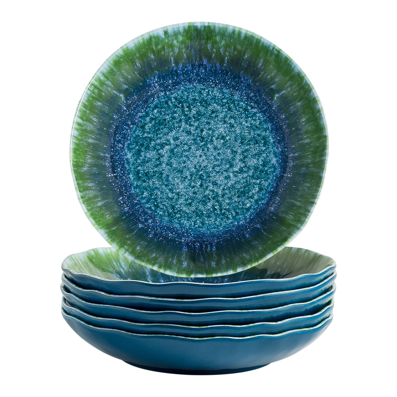 Melamine Pasta Bowls Large Salad Bowls Set 9 inch Sets of 6 pcs Soup Bowls Wide Shallow Flat Turquoise Teal Round Dinnerware Tableware Dishwasher Safe Not Microware Not Oven