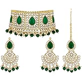 Aheli Kundan Faux Pearl Choker Necklace & Earrings Maang Tikka Gift for Women Indian Traditional Bollywood Fashion Bharatanatyam jewellery set