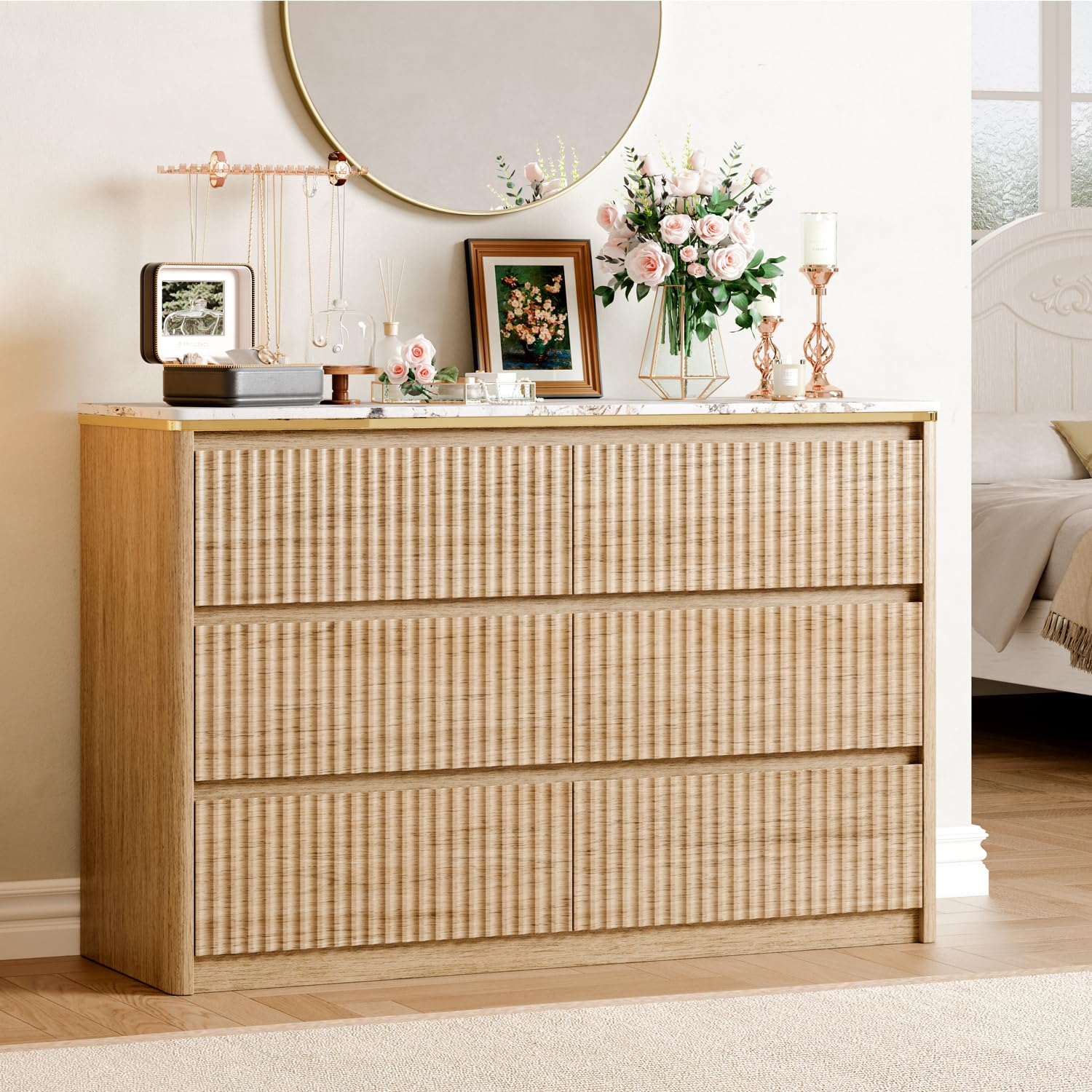 Photo 1 of *** USED, UNKNOWN MISSING HARDWARE, MINOR DAMAGE***Ieejdn Fluted Dresser for Bedroom with 6 Drawers, 47.2" Modern Chest of Drawers with Faux Marble Top, Curved Profile Design,Dresser TV Stand, Wood Drawer Organizer for Living Room, Hallway, Natural