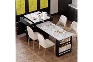 TEVUTEVU 82.7" Kitchen Island with Extendable Dining Table for 6 Seating, Faux Marble Top & Black Wood Grain, Double Storage,