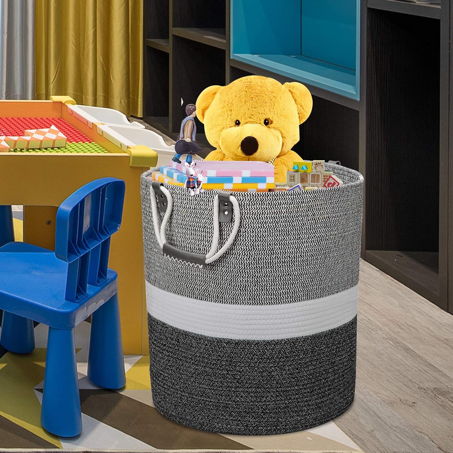 17x17x19 Inches Large Cotton Rope Basket, Storage Basket, Woven Laundry Hamper, Toy Storage Bin, Nursery Storage Basket, Baby Bin Organizer, White & Black: Home & Kitchen