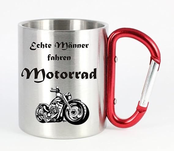 Creativ Deluxe Edelstahltasse mit Carabiner Echte Männer Fahren Motorrad Blechtasse, Campingtasse,Kaffeetasse mit Motiv,Bürot