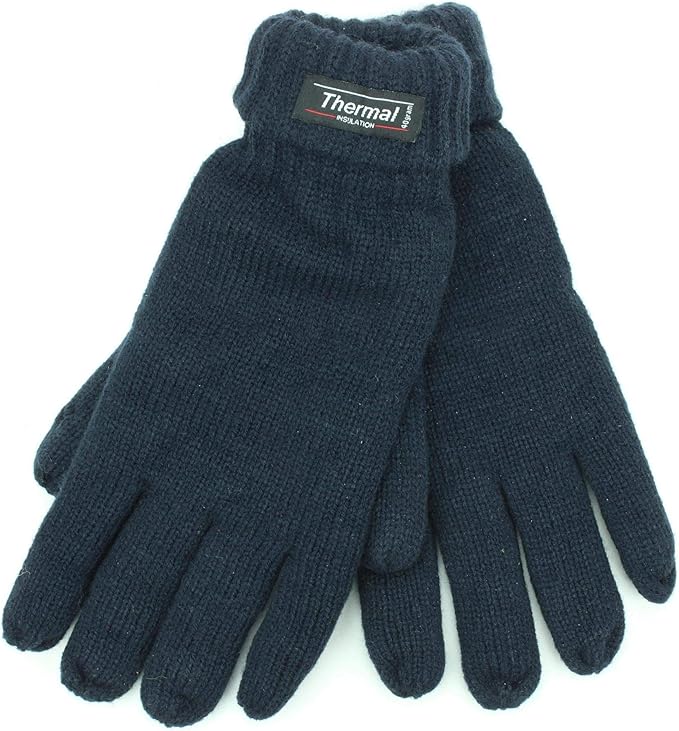 Mens Plain Knit Thermal Gloves with Turn Over Cuffs Navy Amazon.co