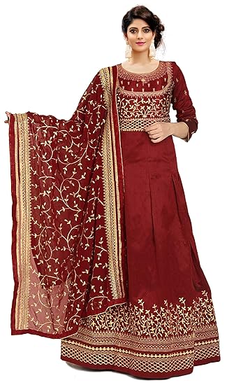 KEDARFAB Womens Cotton Silk Embroidery Anarkali Gown (Maroon Navy Blue)