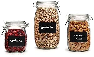 Circleware 66870 Chalkboard Home Glass Canisters with Swing Top Hermetic Airtight Locking Lids Set of 3, Kitchen Food Preserving Containers for Coffee, Sugar, Tea, Cereal, 5.5”, 6.5”, 8”, Clear