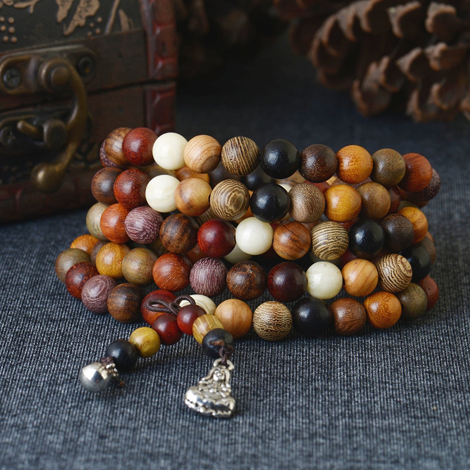 Buddhist Prayer Beads - Tibetan Mala Necklace - 8mm 108 Wood Colorful Beads Bracelet for Meditation Yoga