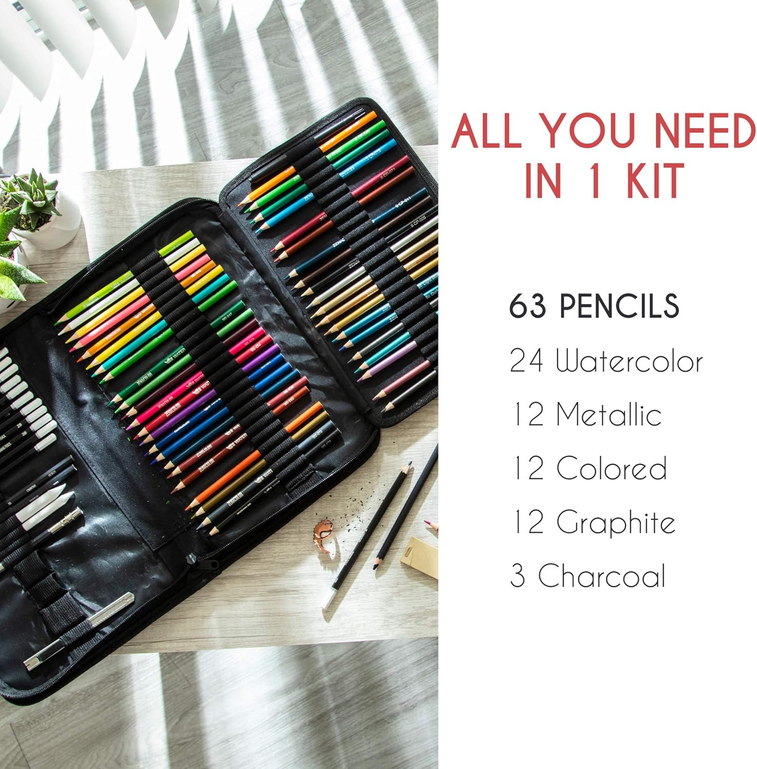 74-Piece Drawing Set - Beginner or Professional Tool Set, Pencil Case with Watercolor Pencils, Colored, Graphite, and Charcoal Pencils + Accessories - Sketch Book Included - Art Supplies for Adults : Office Products