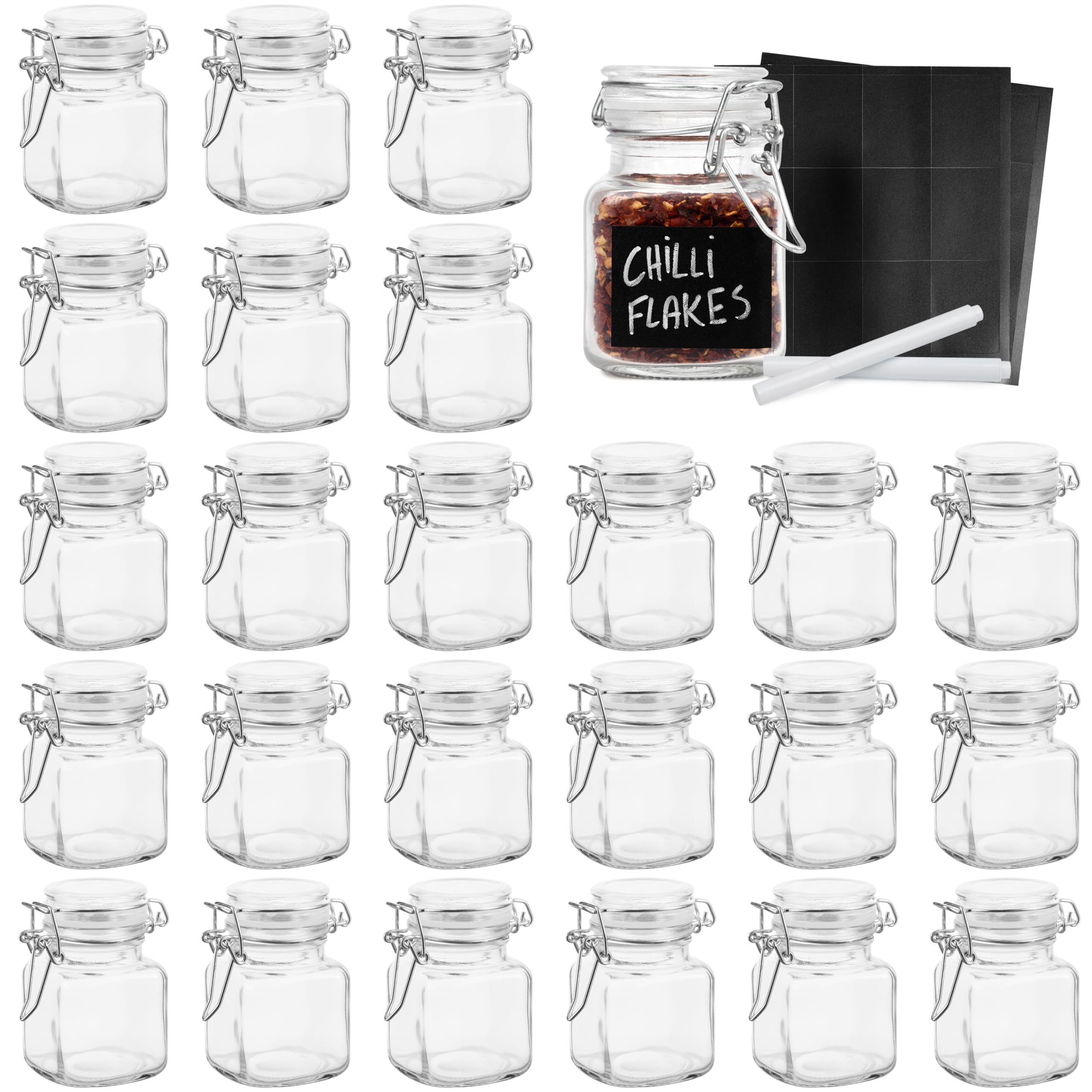 Oak & Steel - 24 Mini Clip Top Glass Spice Storage Jars - 100 ml Glass Canister Containers with Lids, 48 Labels and 2 Chalk Pen (8 x 5cm) - Perfect for Spice Storage, Jam, Honey, Gifting (24)…