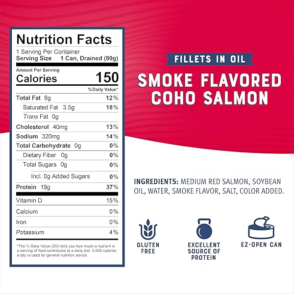 BUMBLE BEE SMOKE FLAVORED RED COHO SALMON FILLETS IN OIL, 3.75 OZ (PACK OF 1) – 19G PROTEIN – SKINLESS, BONELESS – GREAT FOR SNACKS & RECIPES – GLUTEN FREE