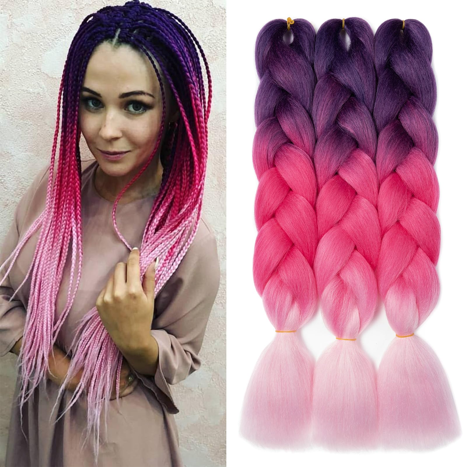 Dcbaboo Jumbo Braiding Hair Extensions 3packs 24inch Hair Extensions for Braiding Synthetic Hair Kanekalon Ombre Braids Hair Extensions Afro Crochet Braids Twist Hair 300g, Purple-Peach Pink-Pink — image 1