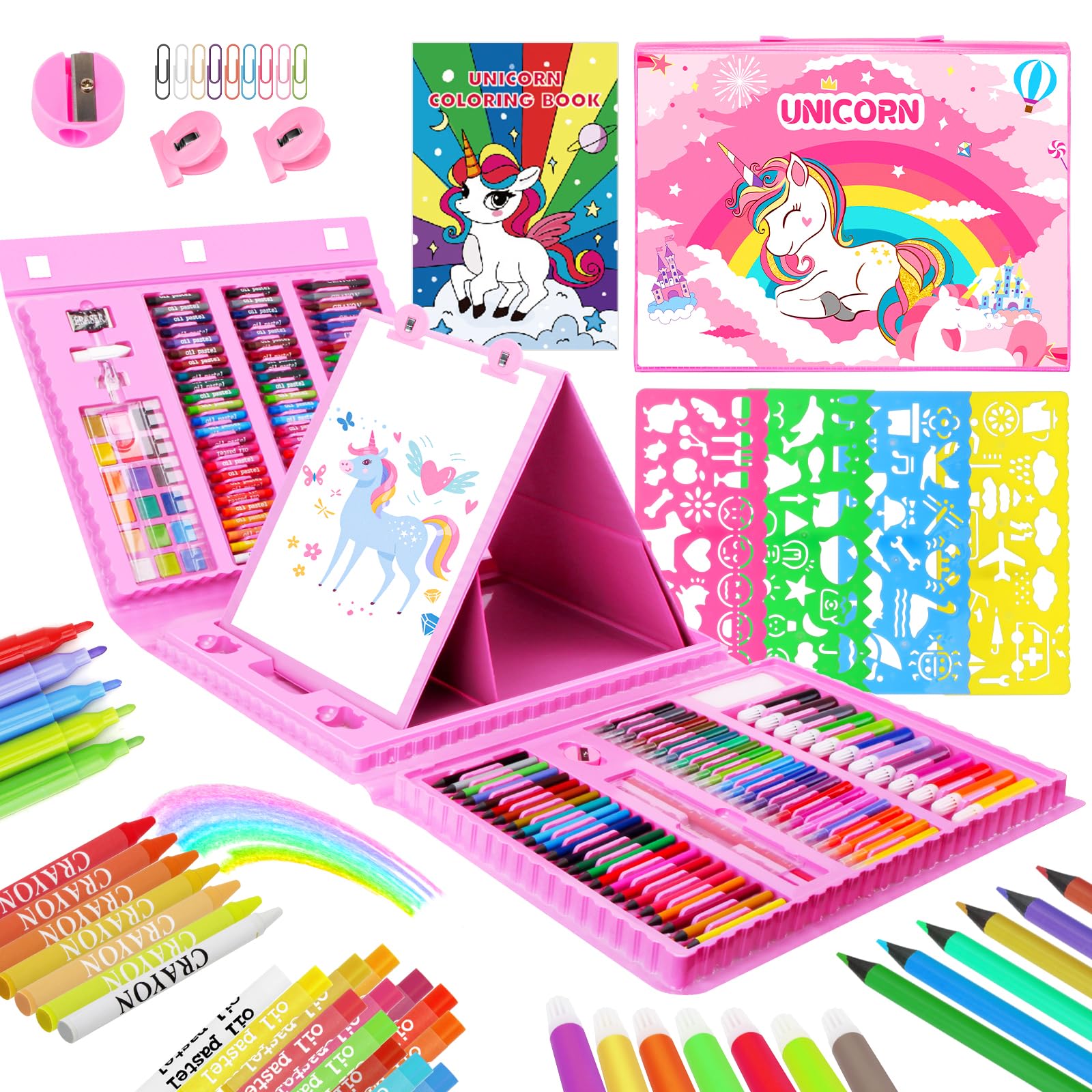 TCJJ 208Pcs Unicorn Art Set For Kids, Colouring Sets for Children With Girls Coloring Book,Oil Pastels, Crayons, Colored Pencils,Kids Drawing Sets &Art Supplies Sets,Unicorn Gifts For Girls 3-12 Ages
