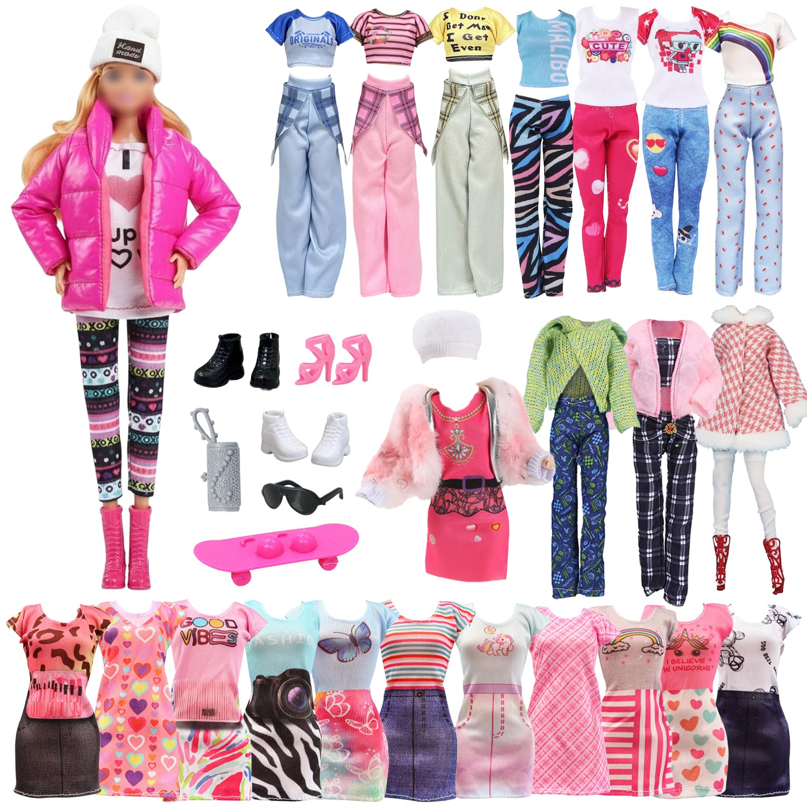11.5Inch Doll Clothing Set Compatible with Barbie – Winter Down Coat with Printed Pants, Hat & Boots, Dresses, Sweater & Casual Outfits, Skateboard, Shoes, Glasses & Bag – Gift for Girls