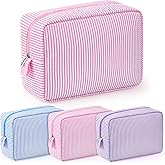 Sanwuta 3 Pcs Seersucker Makeup Bags Seersucker Cosmetic Bags Striped Women Large Travel Toiletry Organizer Preppy Storage Pouch for Embroidery Wedding Bridesmaid Gifts(Pink, Light Blue, Purple)