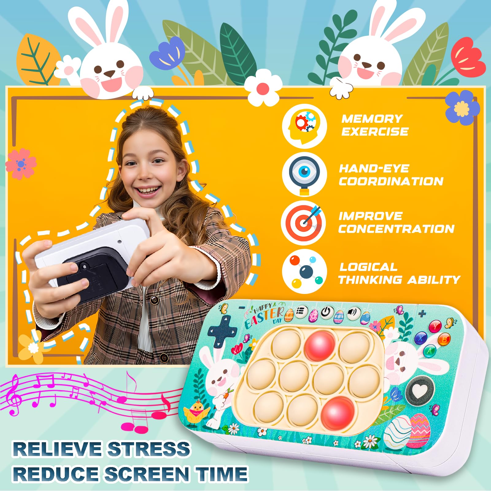 Exun Easter Quick Push Game Fidget Toys, Easter Basket Stuffers, Handheld Puzzle Pop Game Machine Sensory Bubble Stress Toy | Happy Easter Egg Bunny Chick Design for Kids Boys Girls
