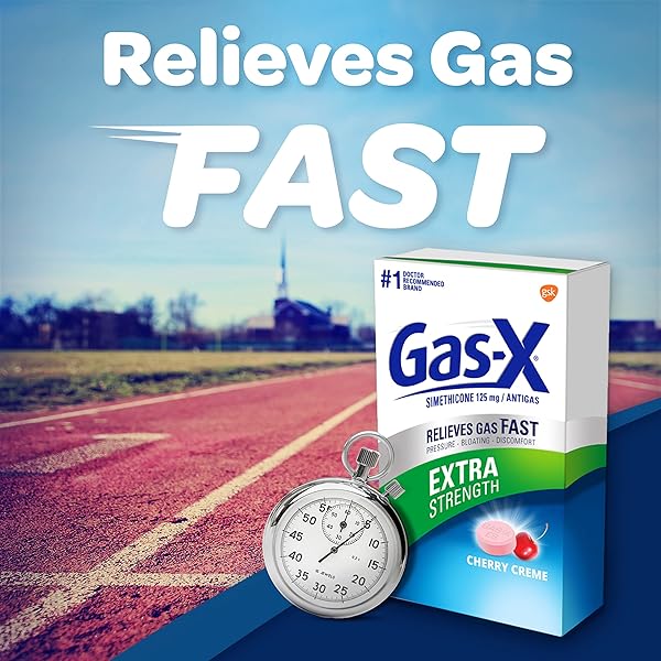 GAS-X EXTRA STRENGTH CHEWABLE GAS RELIEF TABLETS WITH SIMETHICONE 125 MG FOR BLOATING RELIEF, CHERRY – 72 COUNT