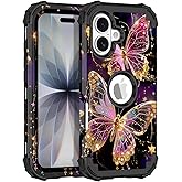LONTECT for iPhone 17 Case 3 in 1 Shockproof Heavy Duty Rugged Hard PC+Soft Silicone Full Body Protective Cover Girls Women Case for Apple iPhone 17 2025, Glow in The Dark Butterfly