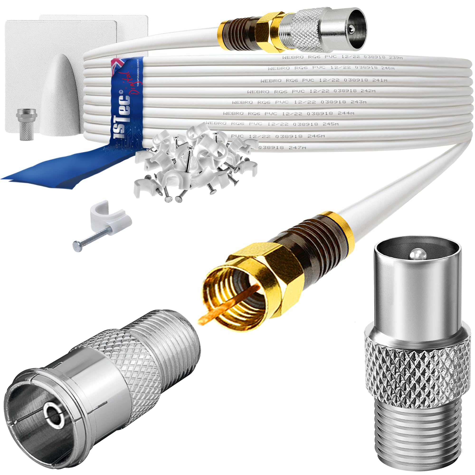 1STec 15m Self Install Digital TV Male to M/Female Gold Plated F-Connector Cable for FreeView HD Freesat BT YouView Satellite Dish or Rooftop Aerial to Wall Box Plug or Socket Lead (15 Metre, White)