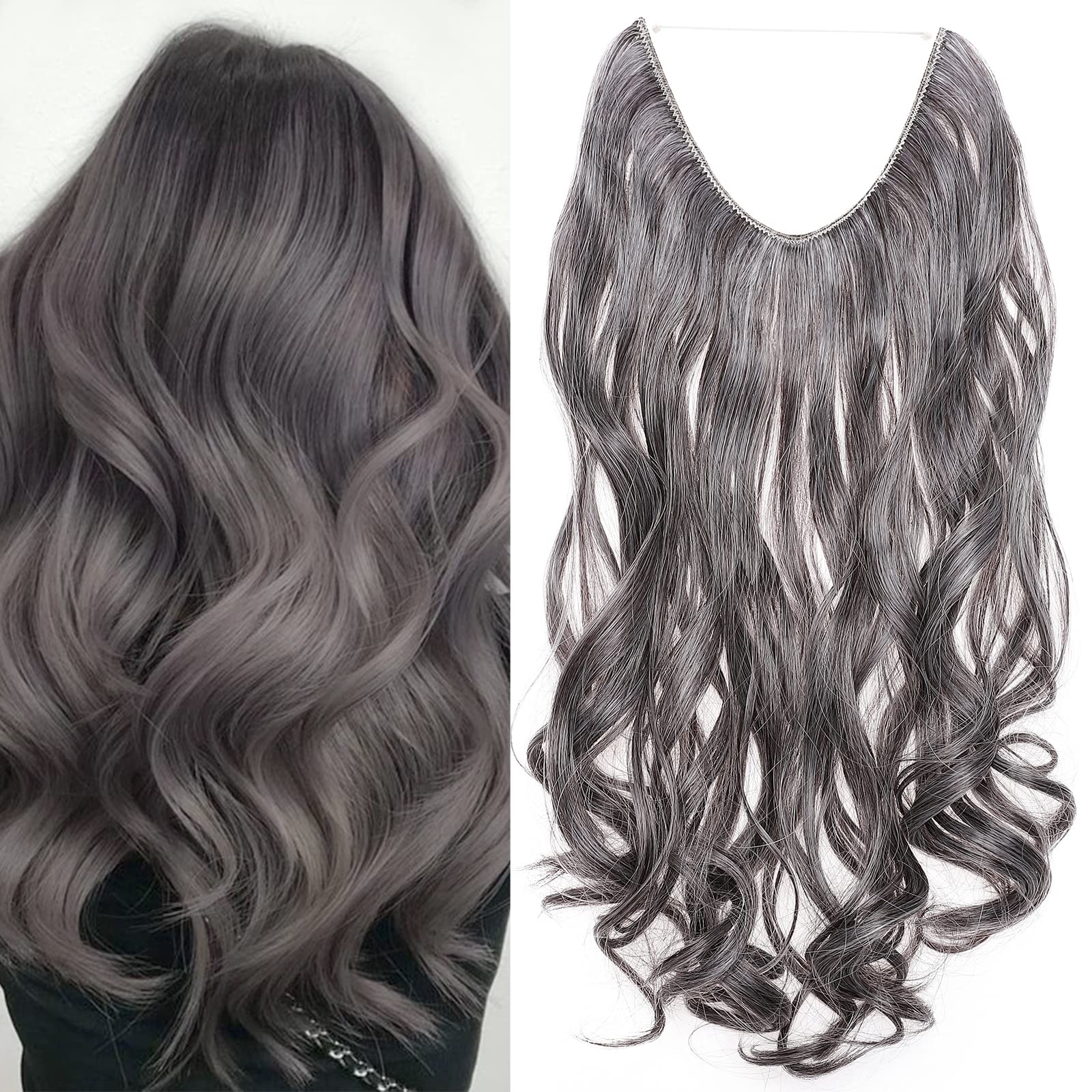 20 Inches Curly Wavy Hair Extensions Secret Headband No Clip Easy Invisible Crown Wire in Hair Extensions Hairpiece for Women Dark brown mix silver grey