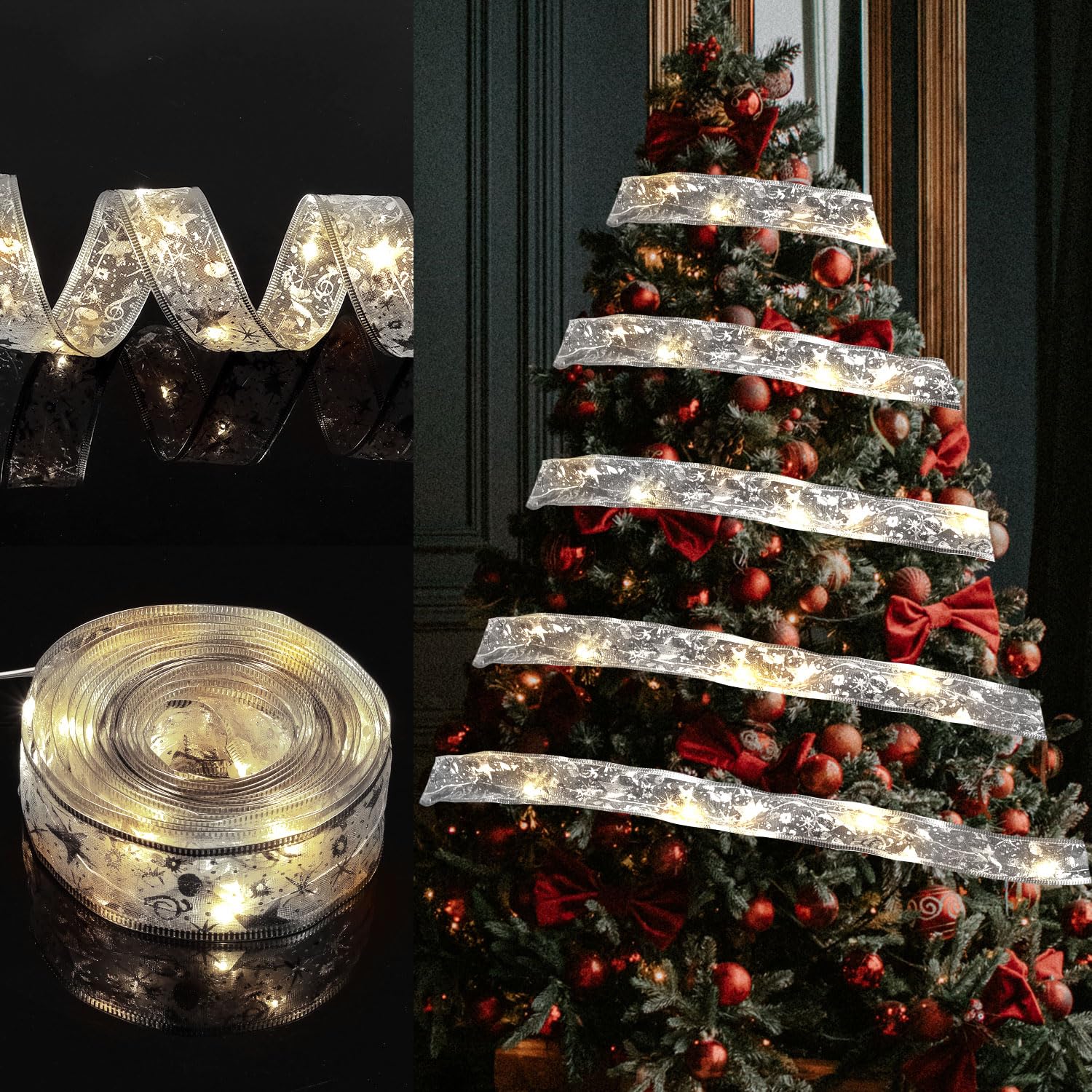 NQEUEPN 32 ft LED Ribbon Lights - 100 Christmas Fairy Lights for Tree, Door & Wall Decor (Silver)