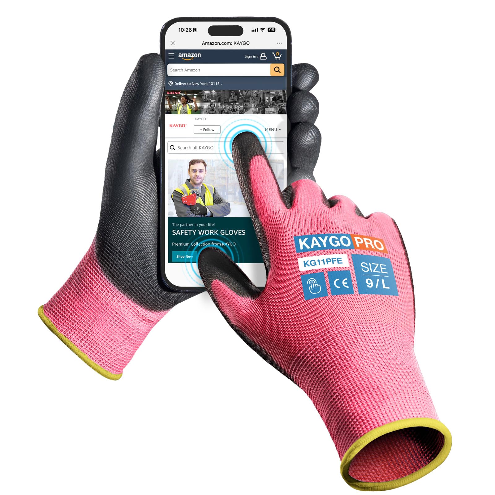 KAYGO Work Gloves PU Coated 12 Pairs Touchscreen, KG11PFE, Safety Working Gloves with Secure Grip on Palm & Fingers, for Men and Women, Ideal for General Duty Work, Gardening (Large, Pink)