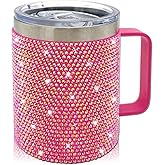 XMYAINA 12oz Bling Travel Coffee Mug with Handle and Lid Rhinestone Insulated Coffee Mug Stainless Steel Vacuum Reusable Glitter Coffee Tumbler Thermal Cup for Home and Office (Rose)