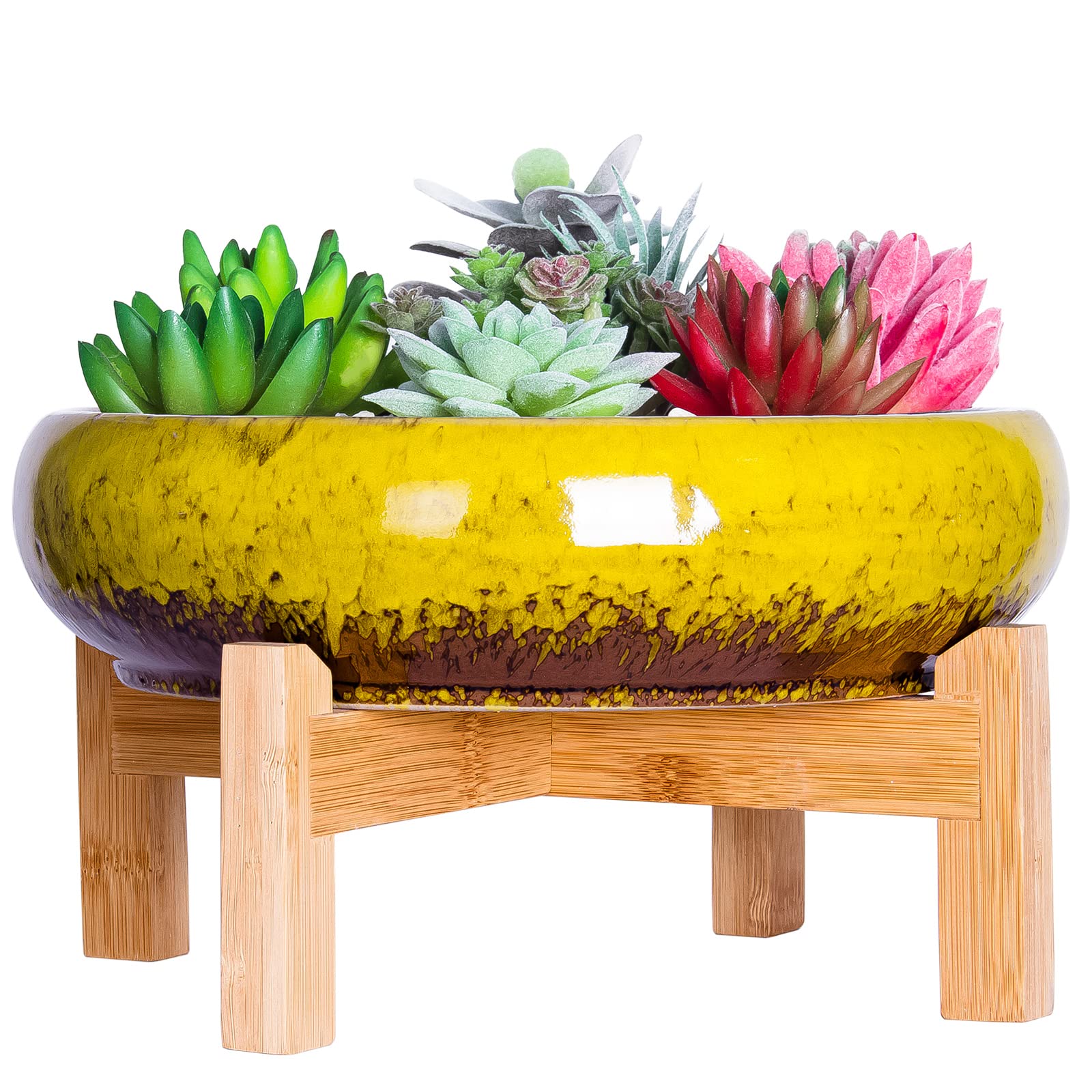 ARTKETTY Succulent Plant Pot - Large Bonsai Pot with Stand Shallow Cactus Plant Pot with Mess Drainage Screen, 25.4 CM Ceramic Flower Plant Container Bowl for Indoor/Outdoor (Yellow)