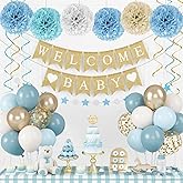 Baby Boy Shower Decorations Blue, Welcome Baby Banner, Dusty Blue Balloons with Hanging Swirl Streamers Pom Poms Flowers Circle Dots Garland Gender Reveal Neutral Birthday Party Supplies