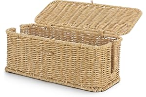 Wicker Storage Basket With Lid, Toilet Paper Basket For Toilet Tank, Pads And Tampon Holder For Bathroom, Rectangular Woven K