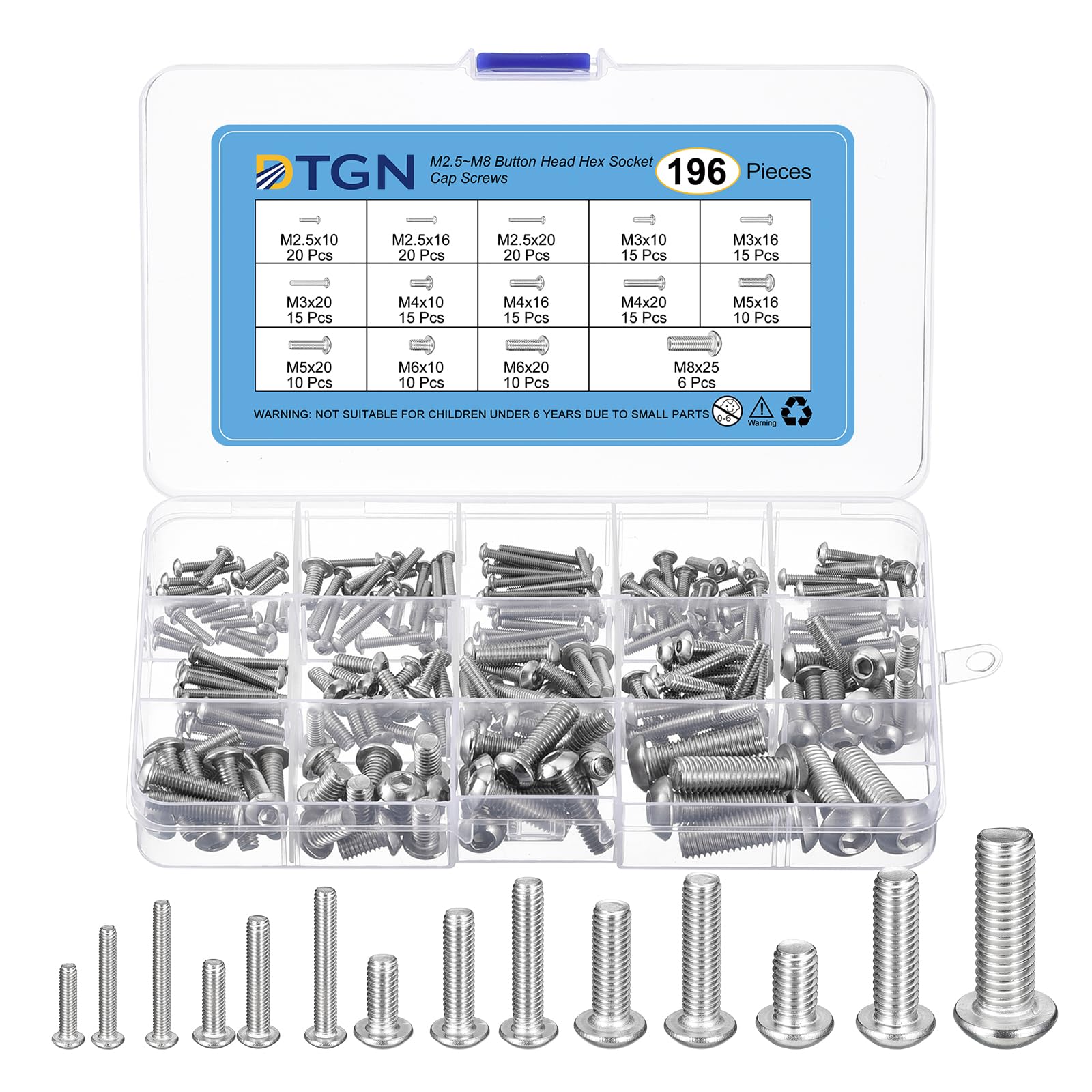DTGN 196Pcs M2.5 M3 M4 M5 M6 M8 Button Head Socket Cap Screws Kit - 304 Stainless Steel 18mm/8 Full Thread Hex Socket Cap Screw Assortment - Good for Machine, Furniture Repairing
