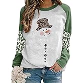 BOMYTAO Christmas Snowman Leopard Sweatshirt for Women Xmas Holiday Pullovers Shirts Splicing Long Sleeve Tops Blouse