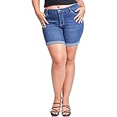 YMI Womens Women's Plus Size Curvy Fit High Rise Shorts with Rolled Cuffs