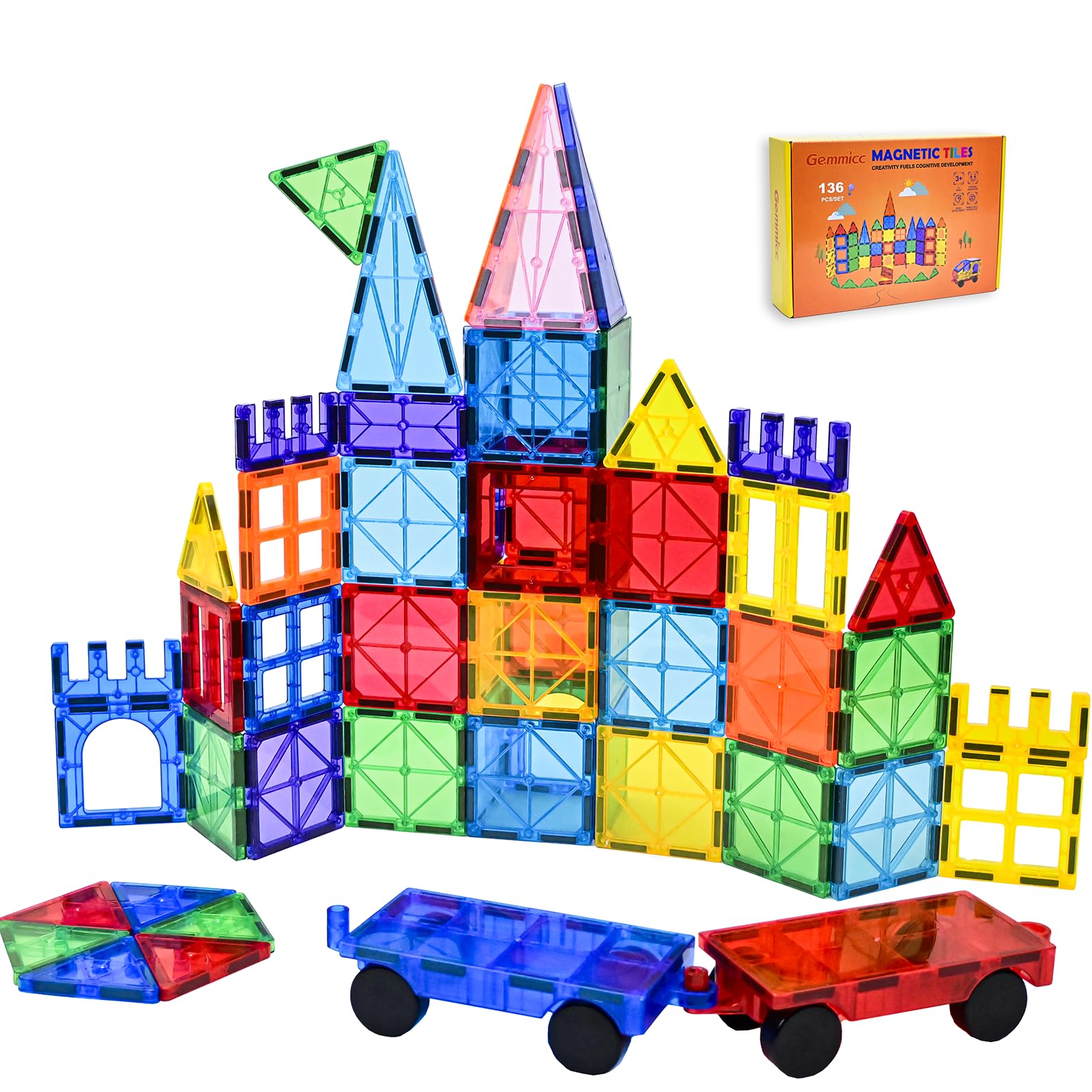 Photo 1 of Gemmicc Magnetic Tiles, Deluxe 136 PCS Building Blocks Magnet Toys for Kids,3D Magnet Puzzles Stacking Blocks for Boys Girls,Huge Set with 2 Cars