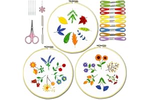 Bradove 3 Sets Leaves and Flowers Embroidery Practice Kit, Embroidery Kit for Beginners Adults, Learn to Embroider Kit Adult Beginner, Embroidery Practice Stitches Kit, Beginner Embroidery Kit