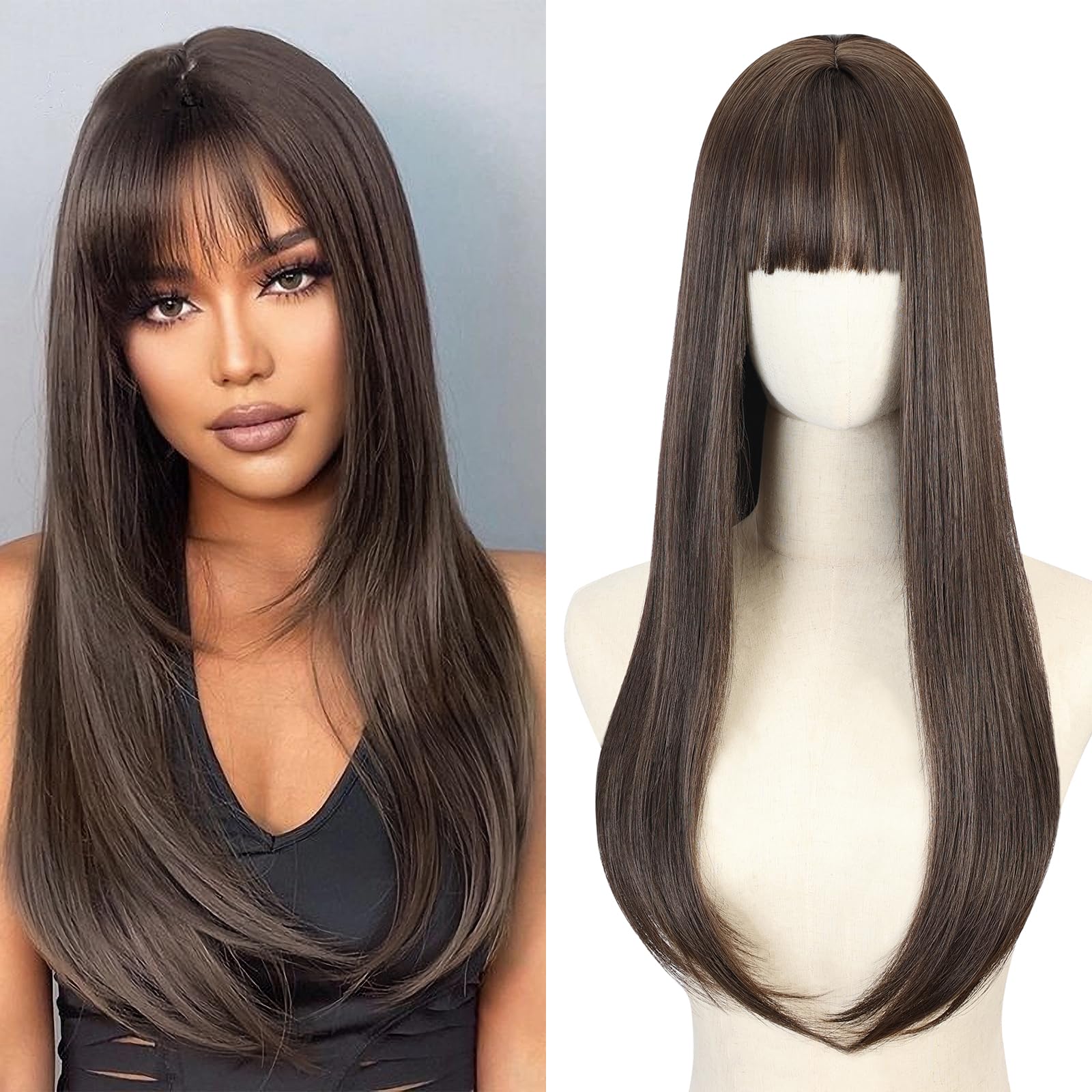 BECUS Brown Wig for Women, Dark Brown Synthetic Wig, Natural Looking Hair for Daily Wear, Party, Halloween & Cosplay — image 1