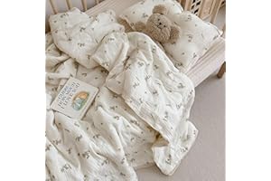 BuLuTu Cartoon Bunny Gauze Toddler Quilt Kids Blankets for Girls Boys, Soft Breathable Cotton Muslin Kids Comforter Quilted Blanket with Cute Rabbit Pattern, 47"x59", No Pillow