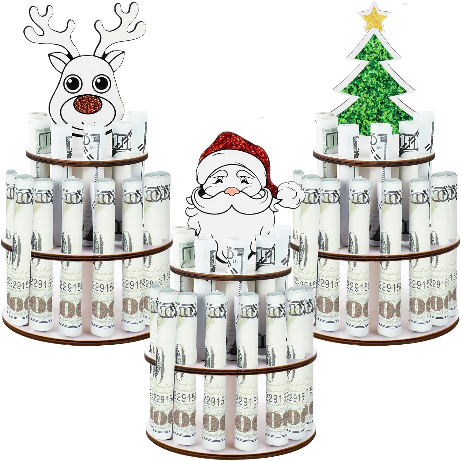 Tree Stands - XEFINAL 3 Pieces Christmas Money Holder,Money Cake Christmas Ornaments,Handmade Wooden Christmas Tree,Reindeer,Snowman Money Holder,Double-Layer Cash Holders with 25 Holes for Christmas Decorations