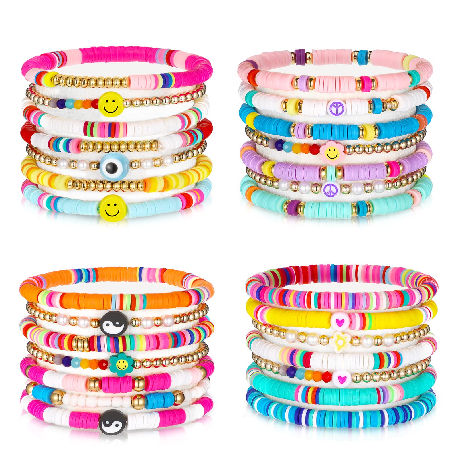 Yaomiao 28 Pcs 4 Set Heishi Surfer Bracelets Set for Women Colorful Preppy Beaded Stretch Bracelet Friendship Bracelets Clay Stackable Boho Disc Party Y2k Aesthetic Beach Jewelry Gift(Cute Style)