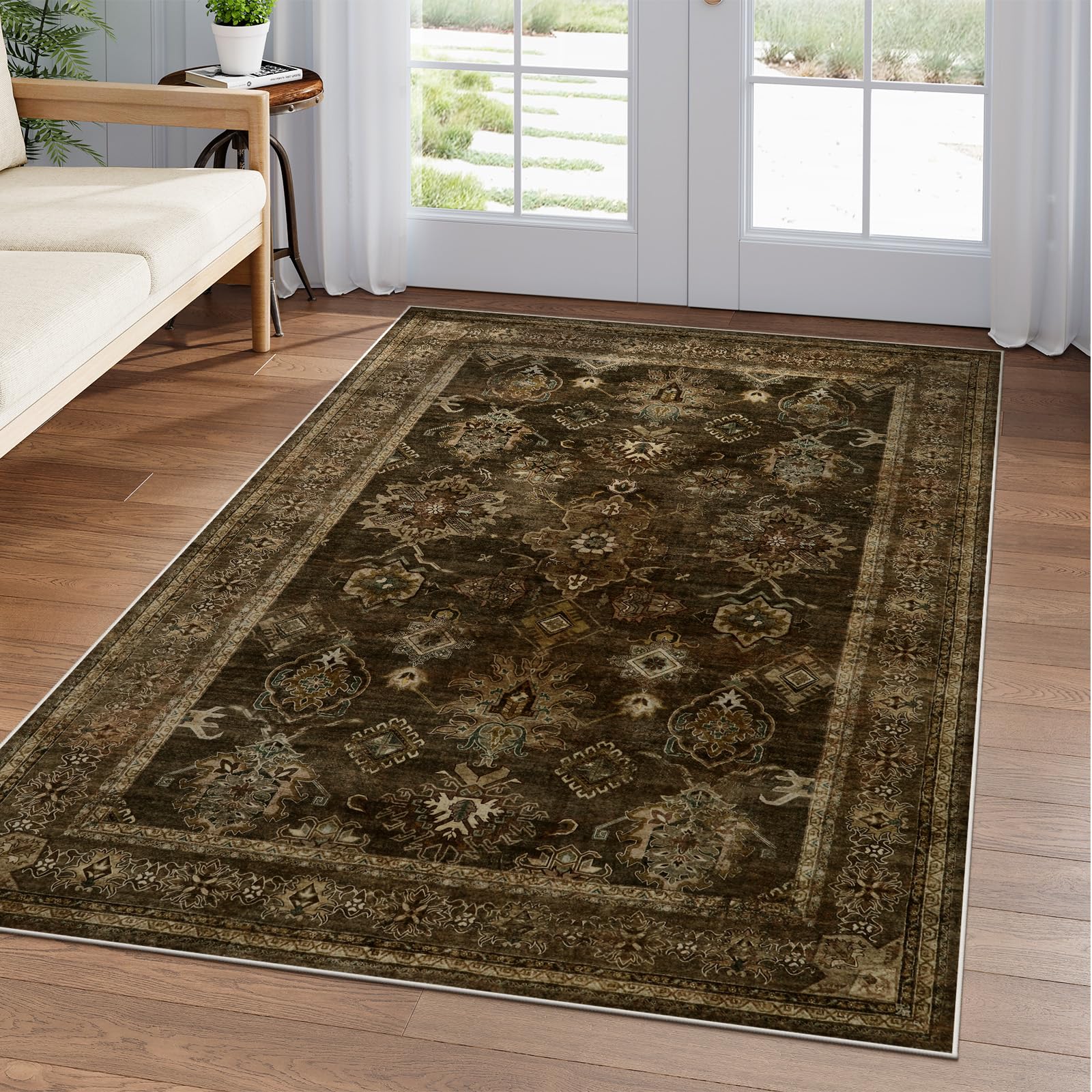 Photo 1 of Morebes Oriental 5x7 Area Rugs for Living Room, Washable Brown Rug for Bedroom Ultra Thin Non Slip Rug, Neutral Low Pile Soft Indoor Carpet for Dining Room Office Farmhouse