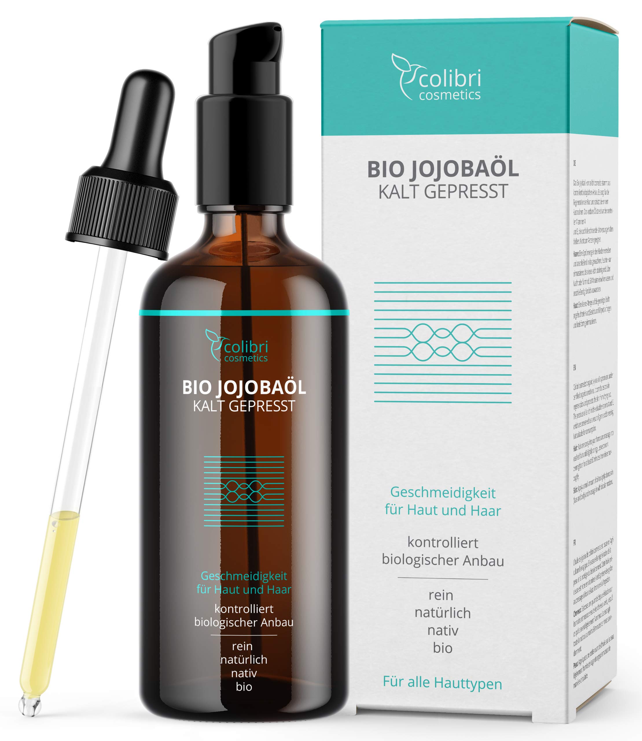 Organic Jojoba Oil Cold Pressed - 100% Pure - For Healthy Hair, Nourished Skin and Strong Nails - Oil for Hair and Face - 100 ml in Light-Protection Glass Bottle - Virgin Oil - Made in Germany