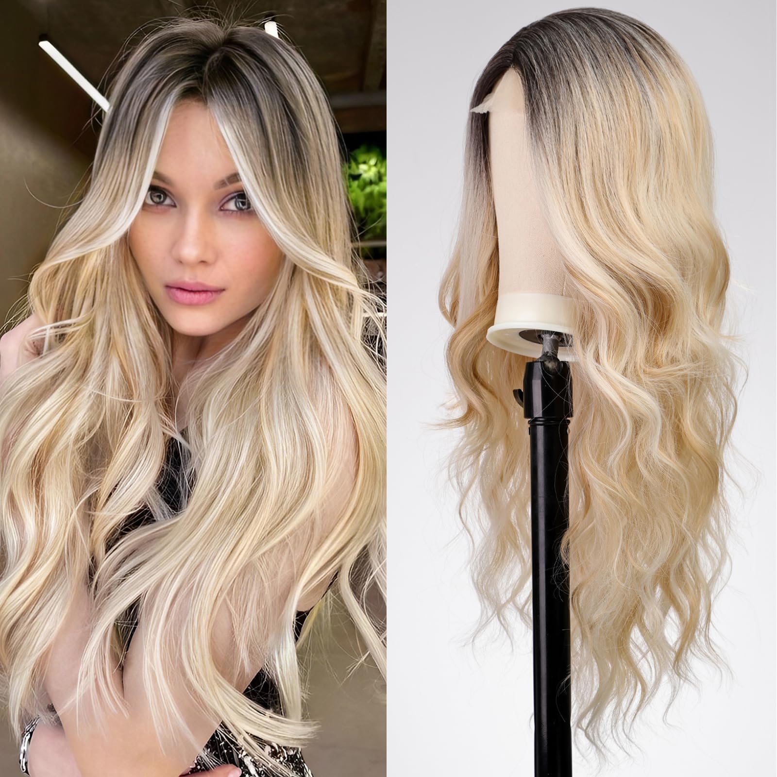 EMMOR Long Mixed Blonde And Bleach Blonde Wavy Wig for Women Lace Front Wigs Natural Looking 26 Inch Middle Part Curly Wig Heat Resistant Synthetic Wigs for Daily Party Use