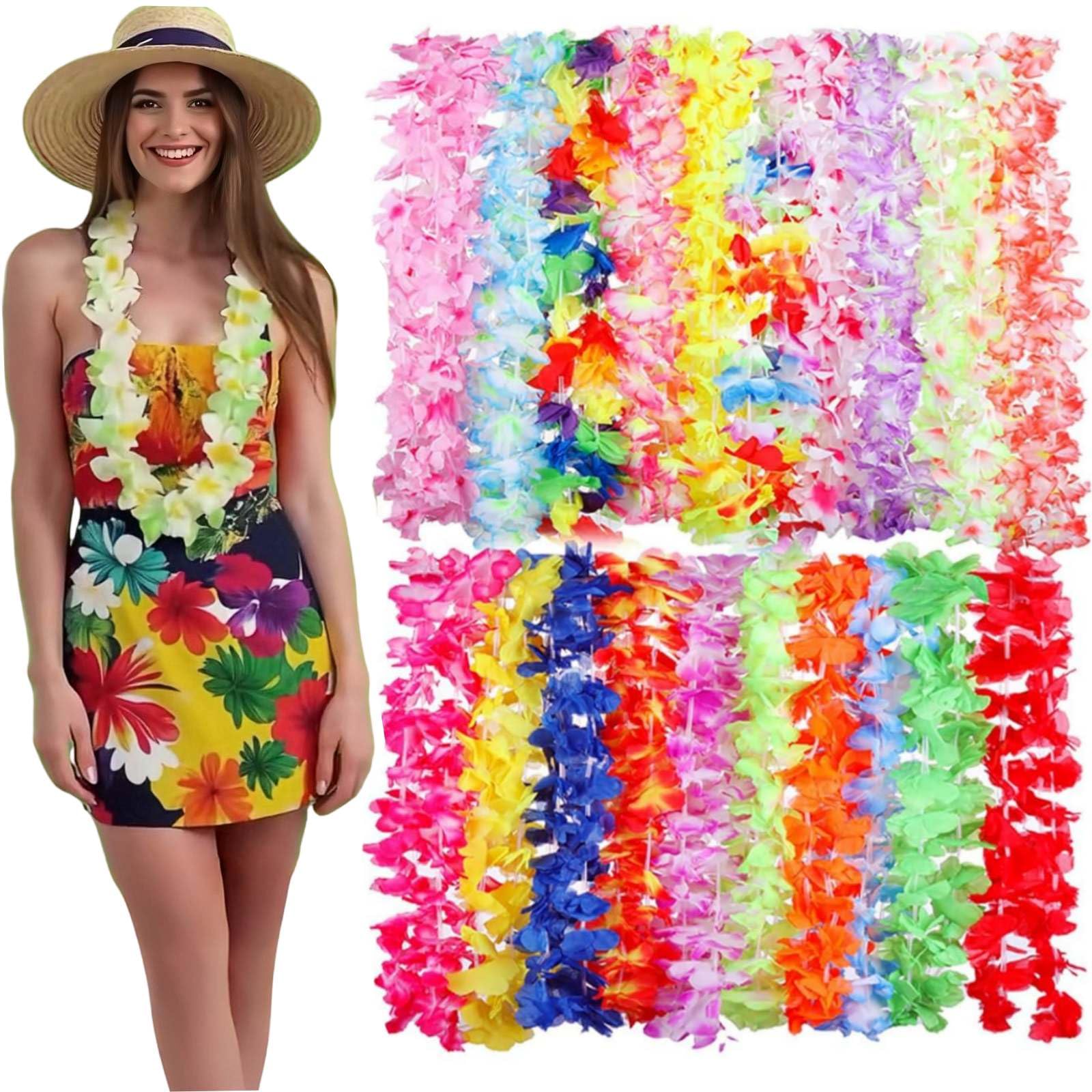 Photo 1 of TSMJUWND Hawaiian Leis for Luau Party 50 Pcs Tropical Hawaiian Flower Necklace Colorful Hawaii Leis Bulk Artificial Flowers for Hula Dance Decor Birthday Summer Beach Pool Party