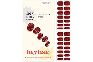 Heyhae Semi Cured Gel Nail Strips | No LED Lamp Needed | Fall, Red, Glitter | Easy Apply & Remove, Salon Quality | Includes 28 Strips, 1 Prep Pads, Nail File & Wooden stick - Hey, Red Velvet Crush