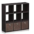 Furinno Simplistic 9-Cube Organizer with Bins, Small Size (Assembled Unit Dimensions : 7.9"D x 26.5"W x 26.7"H Inches), Dark Walnut