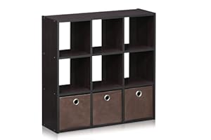 Furinno Simplistic 9-Cube Organizer with Bins, Small Size (Assembled Unit Dimensions : 7.9"D x 26.5"W x 26.7"H Inches), Dark Walnut