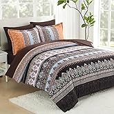 LXWORX Boho King Size Comforter Set - 7 Pieces Bed in a Bag Bohemian Striped Comforter Set with Sheets, Soft Microfiber Brown Floral Bedding Sets for All Seasons (Brown, King)