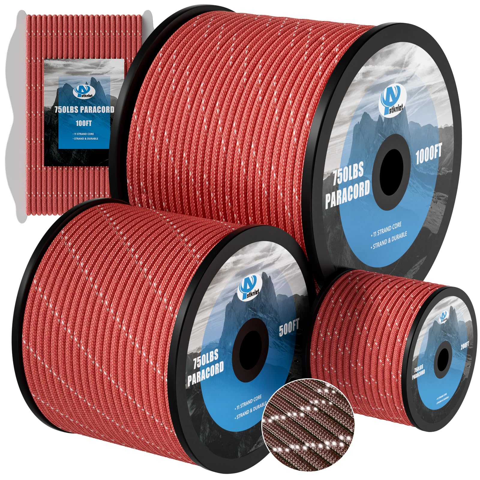 750Ib Reflective Paracord Rope,500', 4mm 11 Strand Parachute Spool Cord with Collecting Bag, para Cord Lanyard for Hammock, Camping, Hiking Image