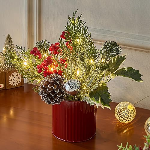 BellDesigns Artificial Flower with Red Bucket，Christmas centerpieces for Tables,Pre-lit Artifical Small Tabletop Christmas Tree with USB Power for Home,Office and Holiday Table DIY Christmas Décor