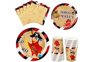 WERNNSAI Pirate Party Decorations - 64PCS Pirate Party Plates Napkins Cups for Kids Boys Birthday Party Supplies Disposable T