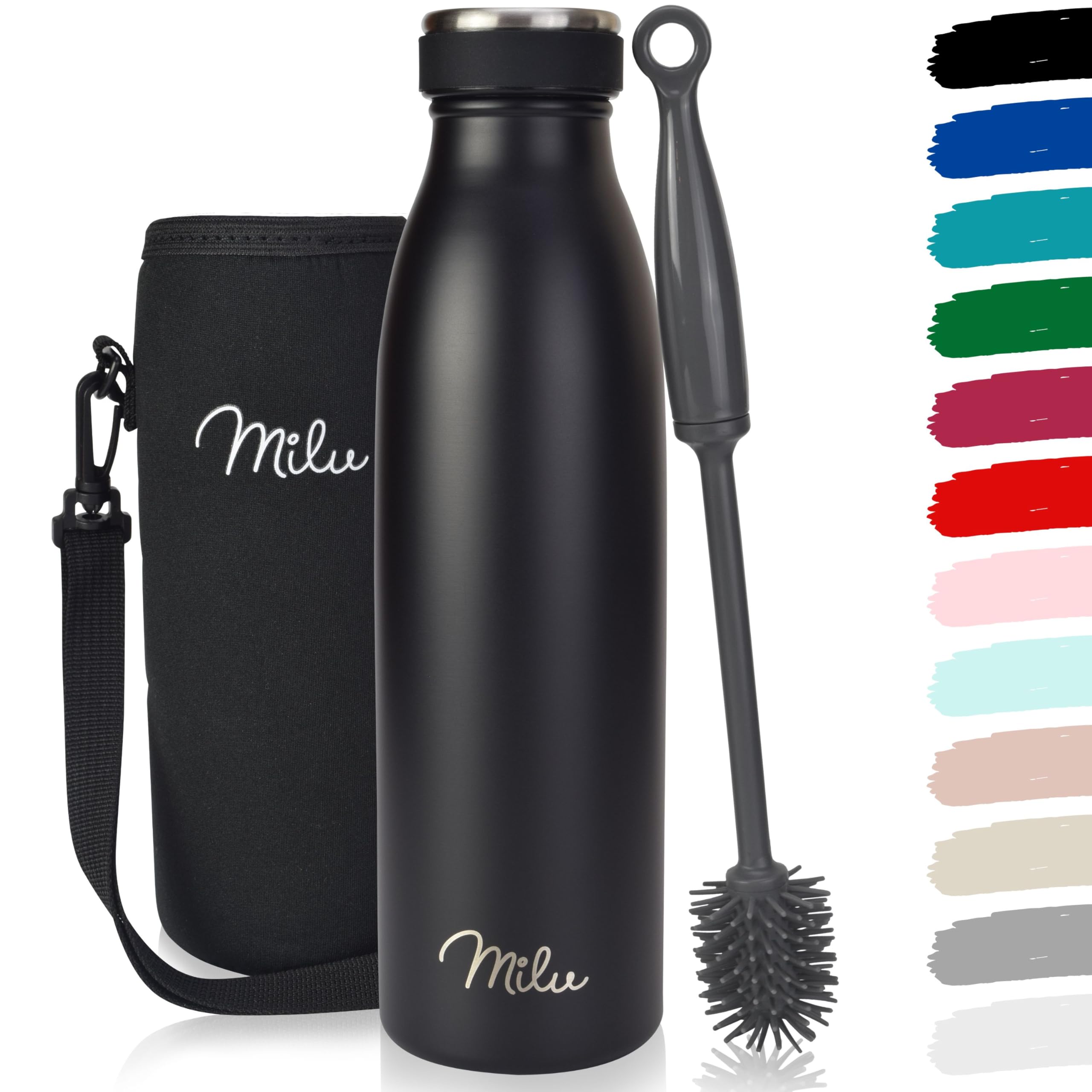 Milu Stainless Steel Drinking Bottle 500 ml - Insulated Thermo Flask for Water - Leak Proof, Insulated and Double Walled, Carbonated (Black, 500ml)